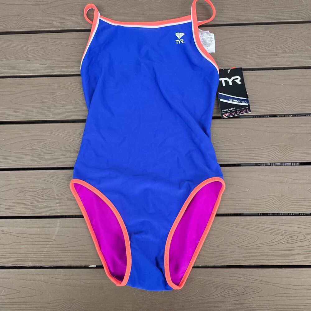 TYR Swimsuit Womens Royal Blue/Fuschia Hydra Span Reversible Diamondfit Sz S New